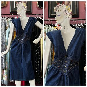 Vintage 80s Bedazzled Denim Midi Dress Dark Wash Beaded Sleeveless Glam S/M
